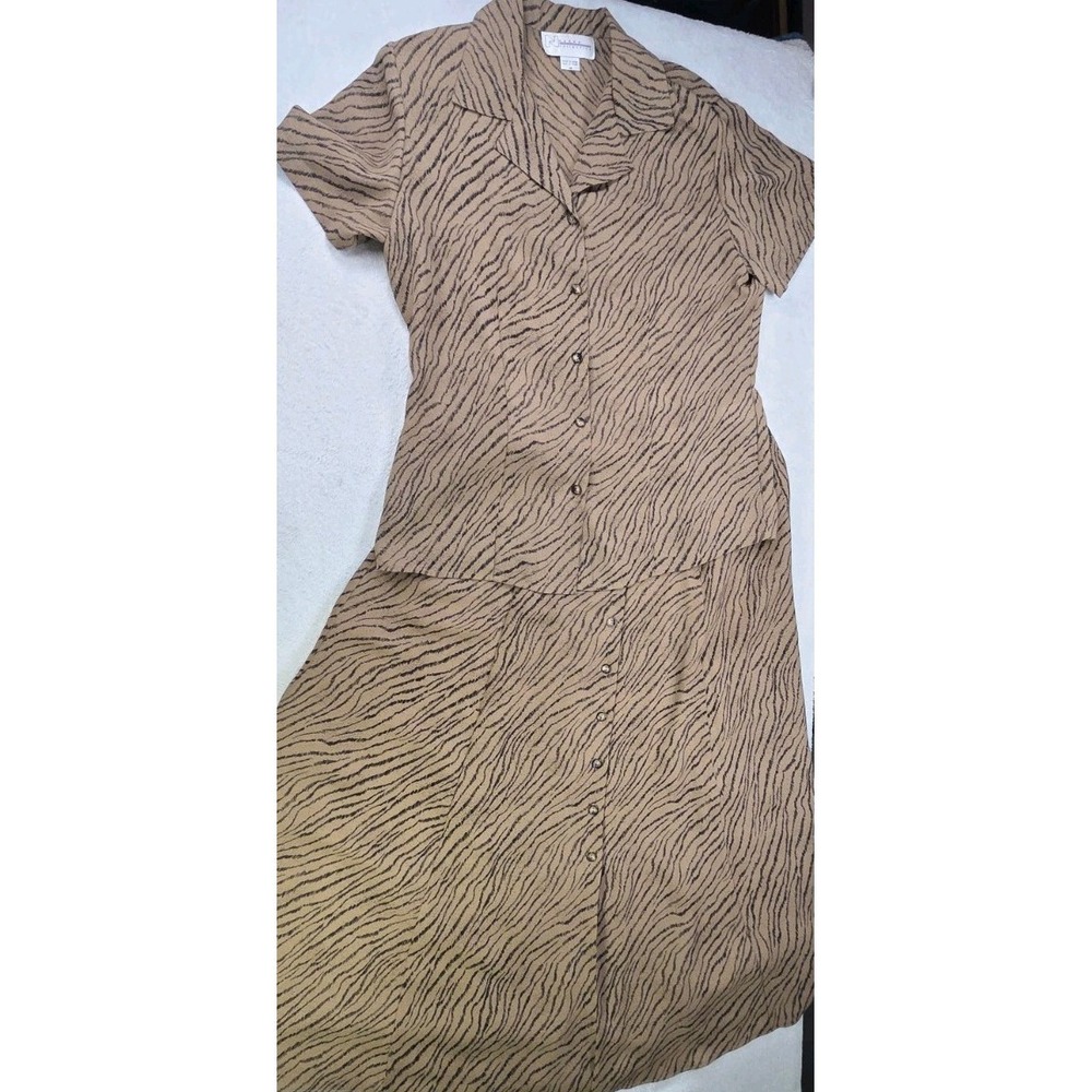 Nygard Collection 2 Piece Skirt Suit Womens 12 Brown Zebra Animal Print Vintage